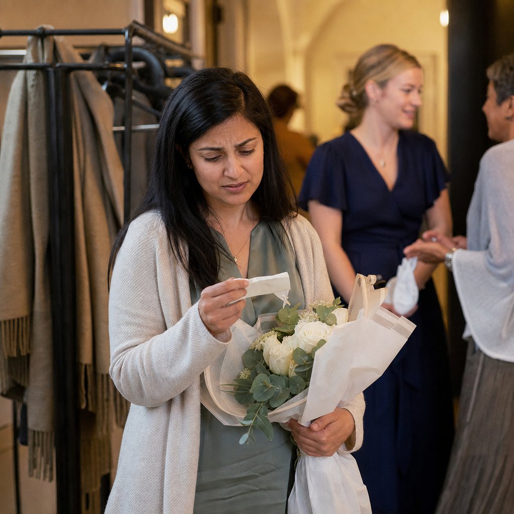 A woman secretly pulls a folded note from her bouquet, face tight with alarm.