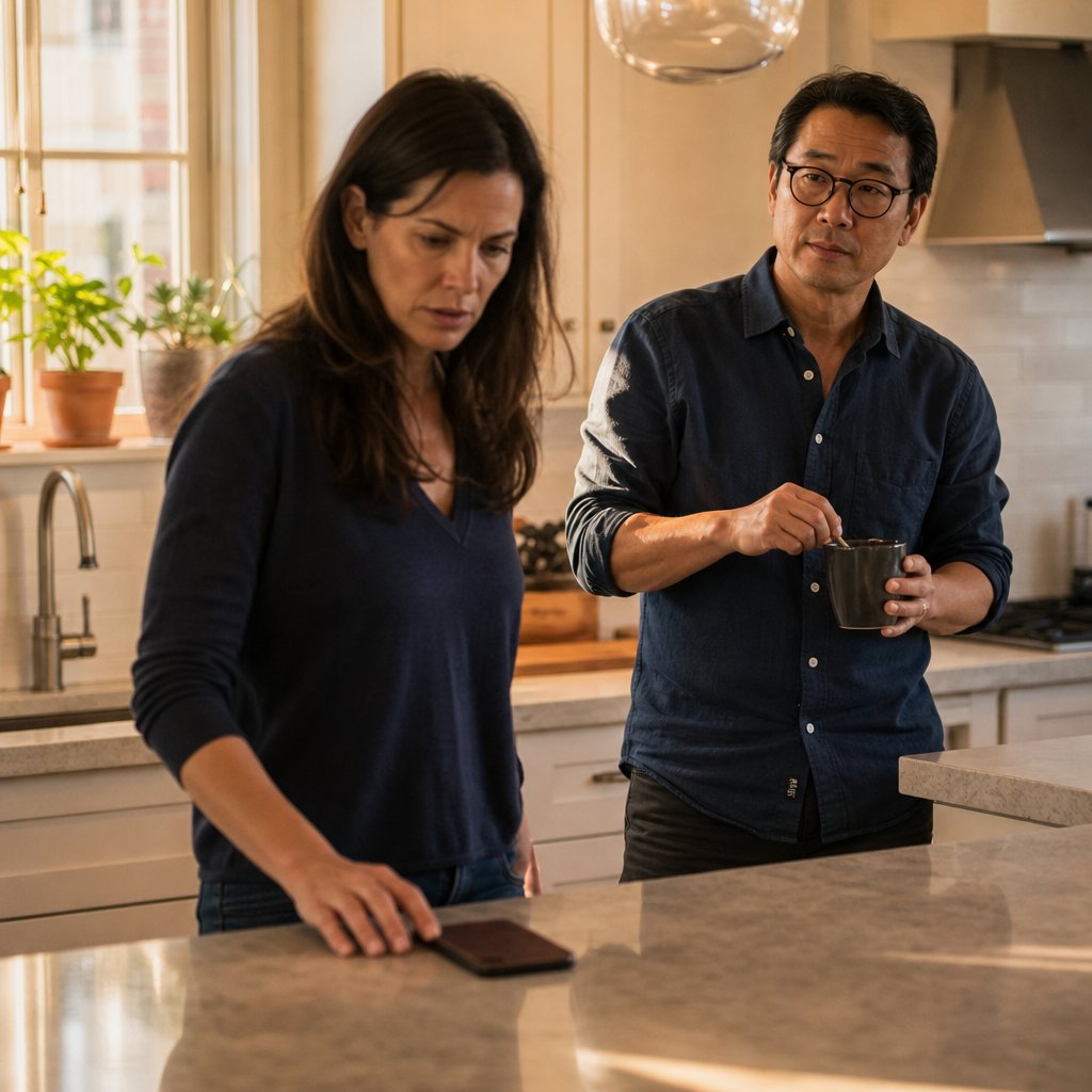 In the kitchen, Mara looks tense beside a face-down phone while Evan calmly stirs coffee.