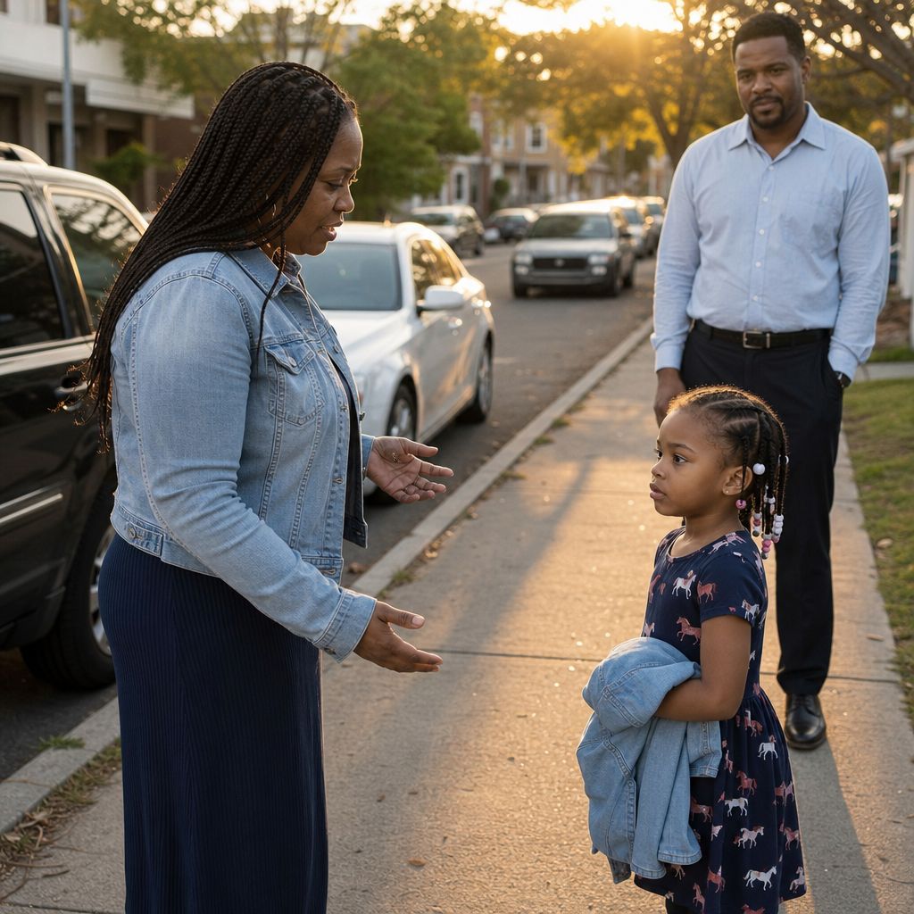 A little girl stands stiffly in front of her mother, holding her jacket like a shield while her father watches.