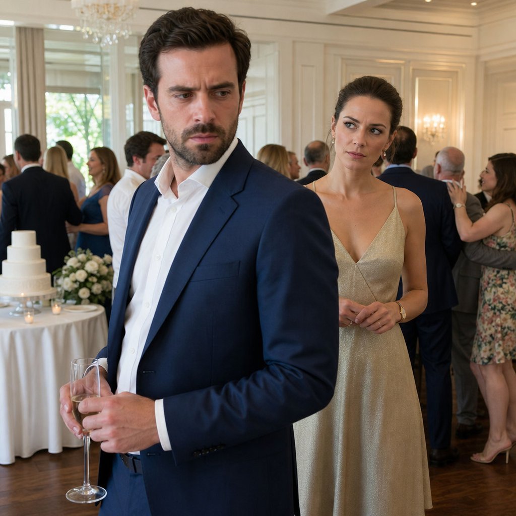 Nate grips a champagne flute with a strained expression while a woman in a pale gold dress stands close behind him in the reception room.