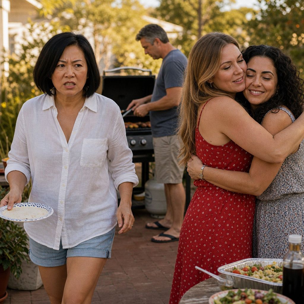 A woman approaches a backyard hug with anger as her houseguest smiles and her husband grills.