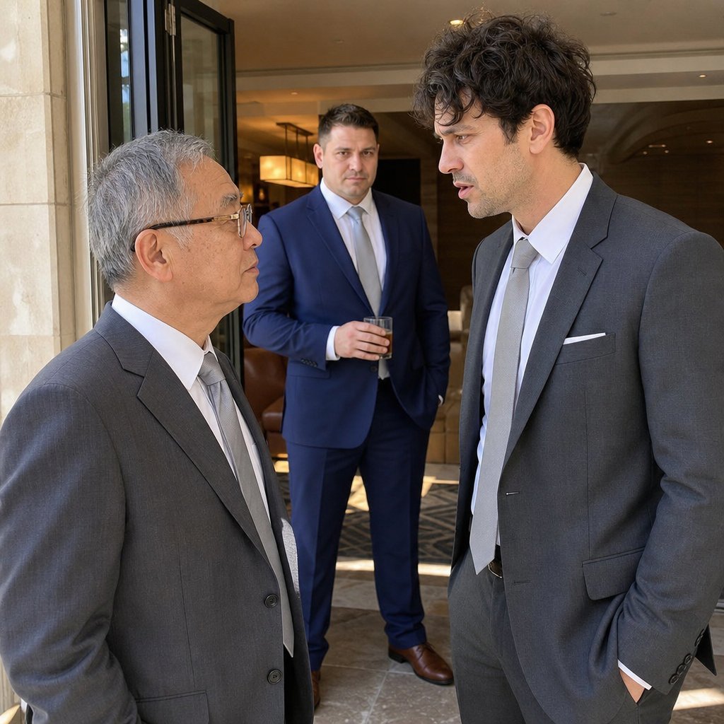 An older man confronts a wiry man in a suit at a lounge entrance while another man watches tensely behind them.