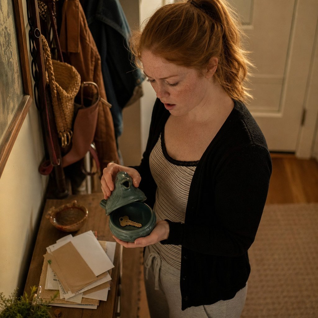 A woman stares at a spare key inside a ceramic bird, looking unsettled.