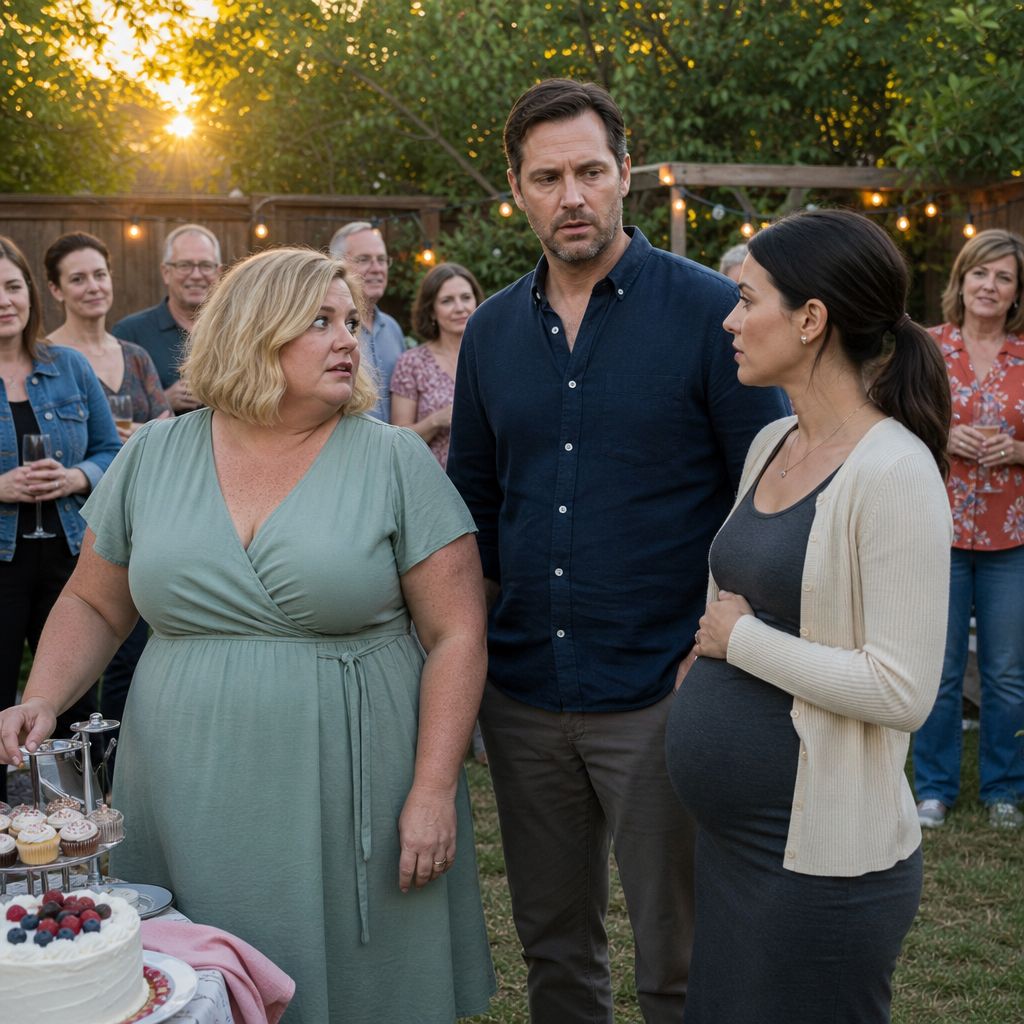 In a backyard photo moment, a freckled blonde woman notices a slim dark-haired woman at the edge of the crowd holding her stomach and staring at a pale-faced man.