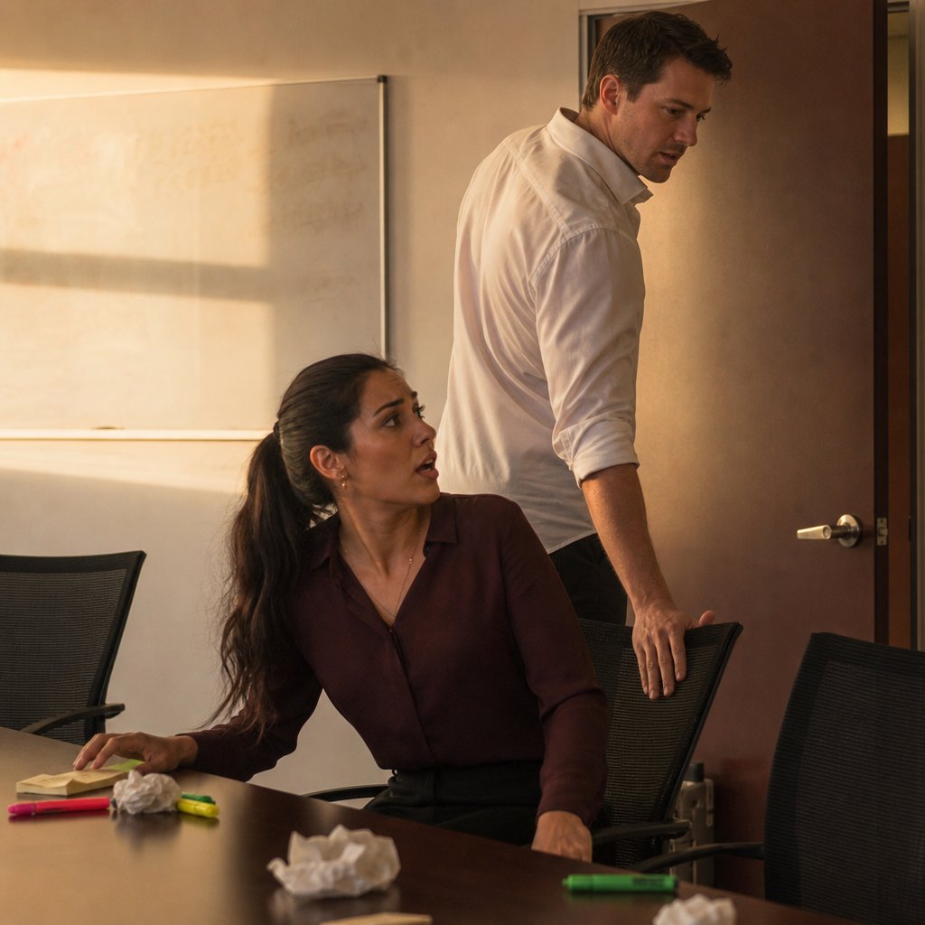In a late-night war room, Elliot keeps a hand on Mara’s chair as he insists she stay after everyone else leaves.
