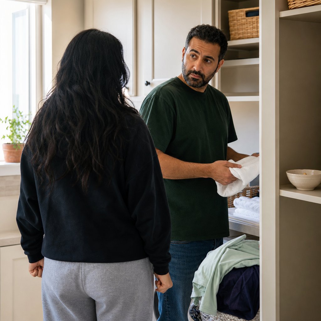Grant folds towels calmly while Claire confronts him, the empty key bowl visible nearby.