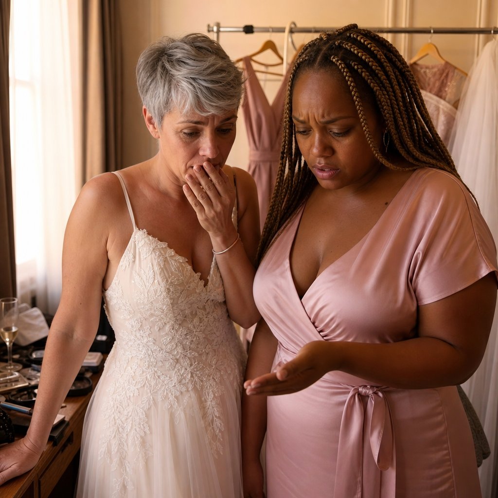 The maid of honor shows the bride something on her phone, and both women look shocked in the bridal suite.