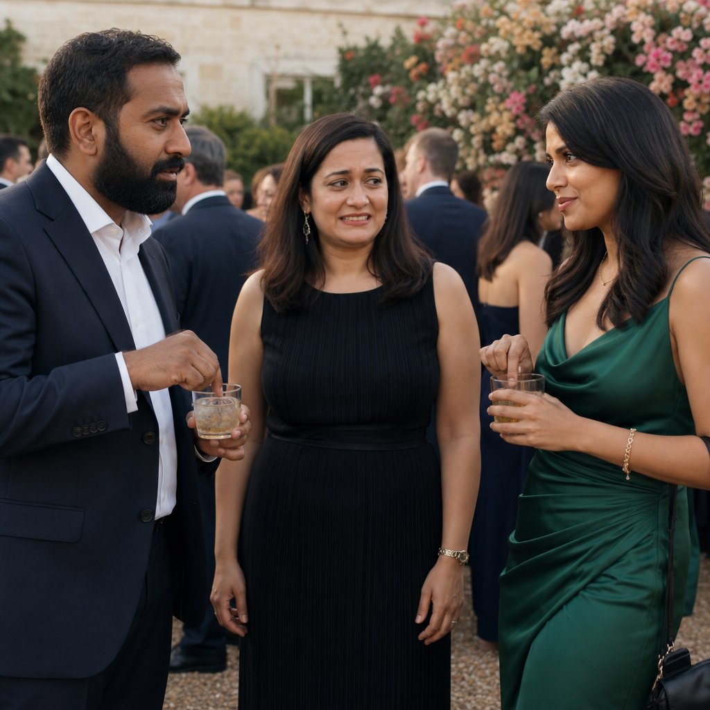At a fundraiser, a bearded South Asian man taps his glass while a glossy-haired woman mirrors him and another woman stands between them, tense.