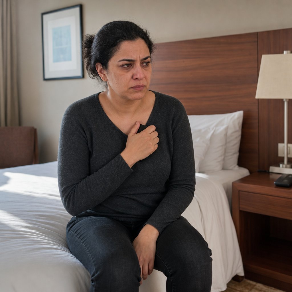 Maren sits on a hotel bed clutching her phone to her chest, devastated after learning the woman might be someone she knows.