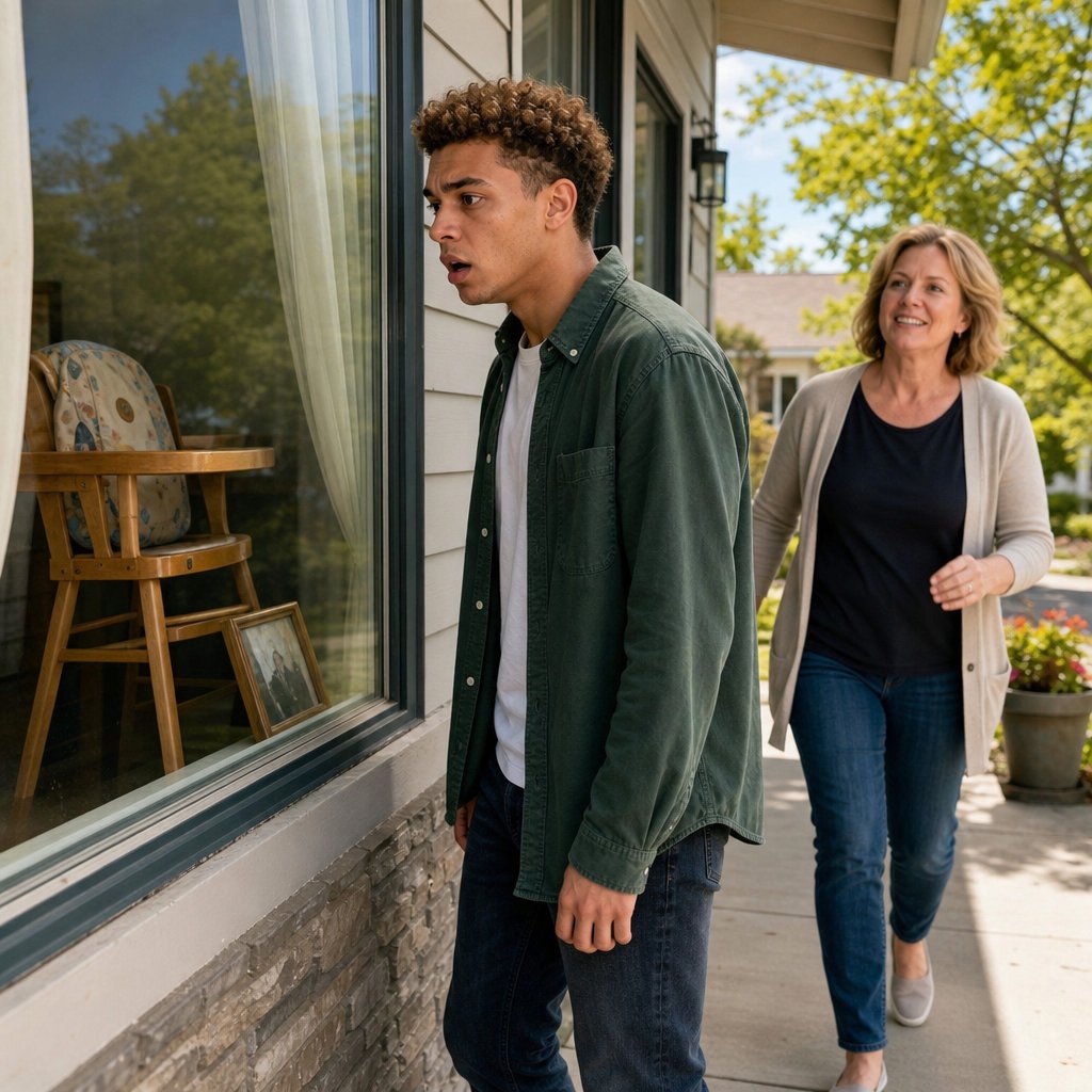 Mara peers through a window at signs of a child’s life as a neighbor approaches, assuming he belongs there.