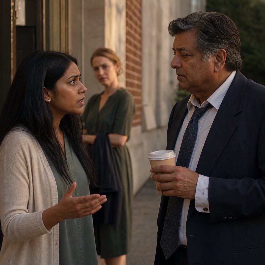 A woman confronts her uneasy father holding coffee as a blonde woman watches from down the hall.
