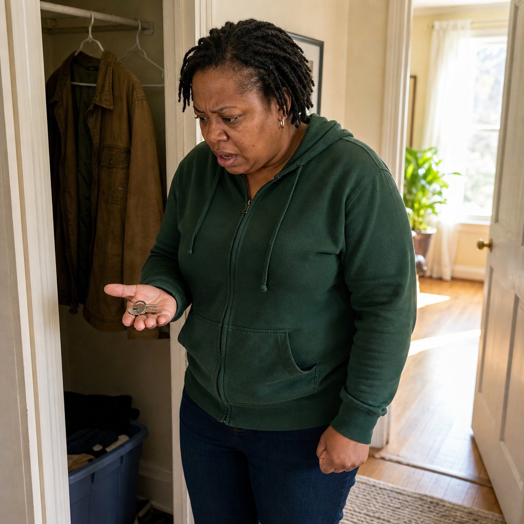 Iris finding a second set of drawer keys in Mason’s old jacket pocket.