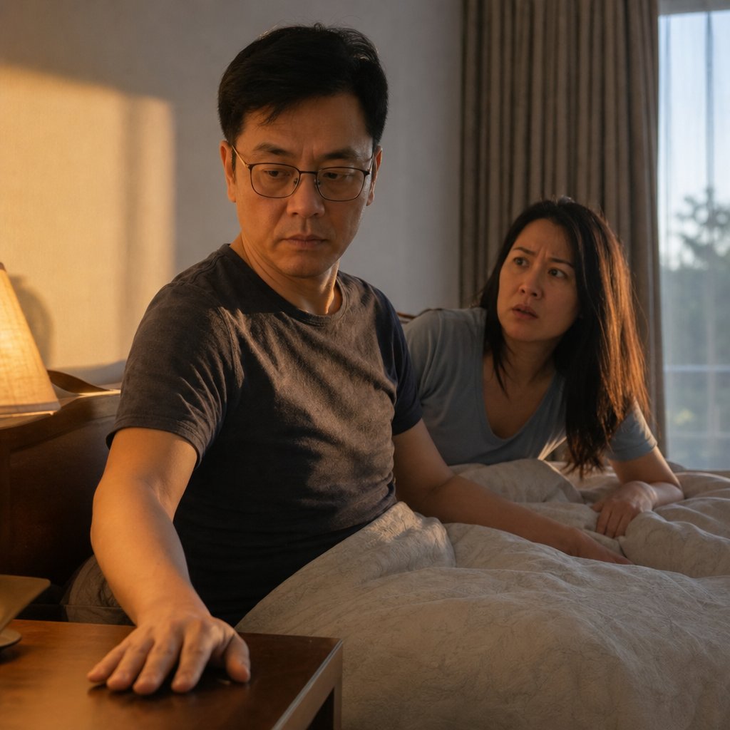 Evan guards his phone on the nightstand as Mara watches, alarmed, in bed.