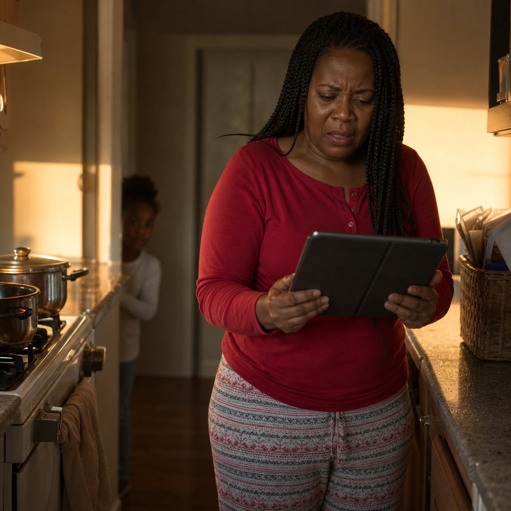 A mother holds a new tablet in her kitchen, her face tense as a child watches from the doorway.