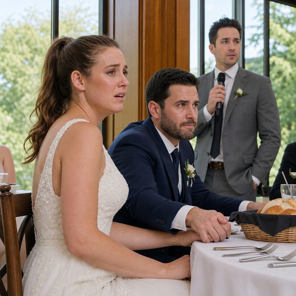 Lena looks strained in her wedding dress as Nate grips her hand tightly while the best man gives a toast behind them.