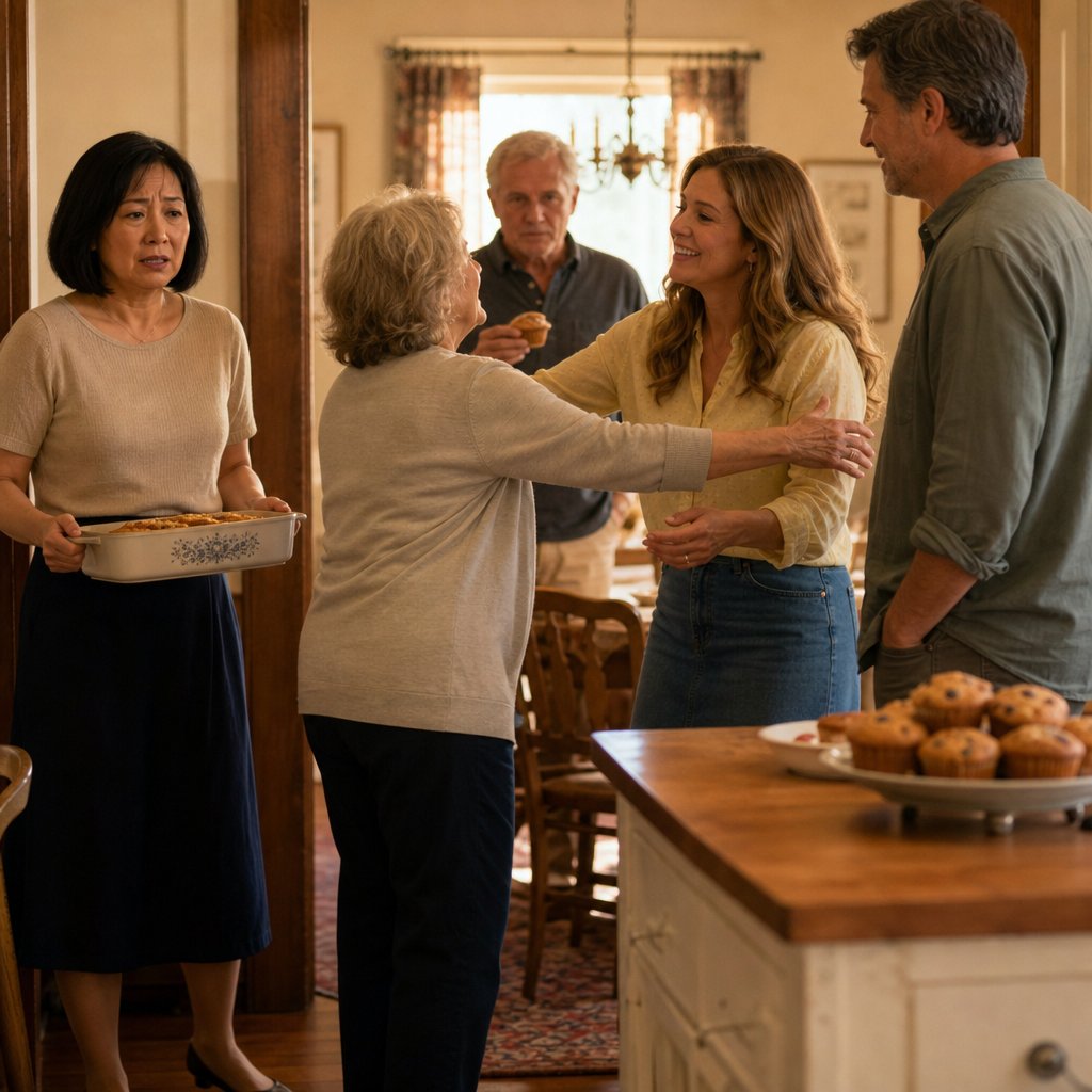 A woman watches her in-laws fawn over her houseguest beside a plate of muffins.