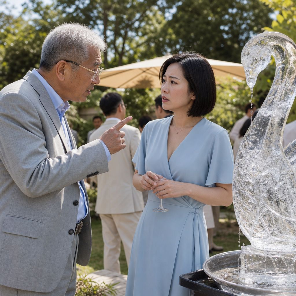 Near a melting ice sculpture, an older man confronts a woman whose hands shake despite her composed face.