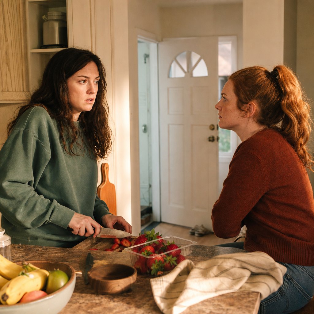 Two women in a kitchen face off as one looks caught mid-confession.
