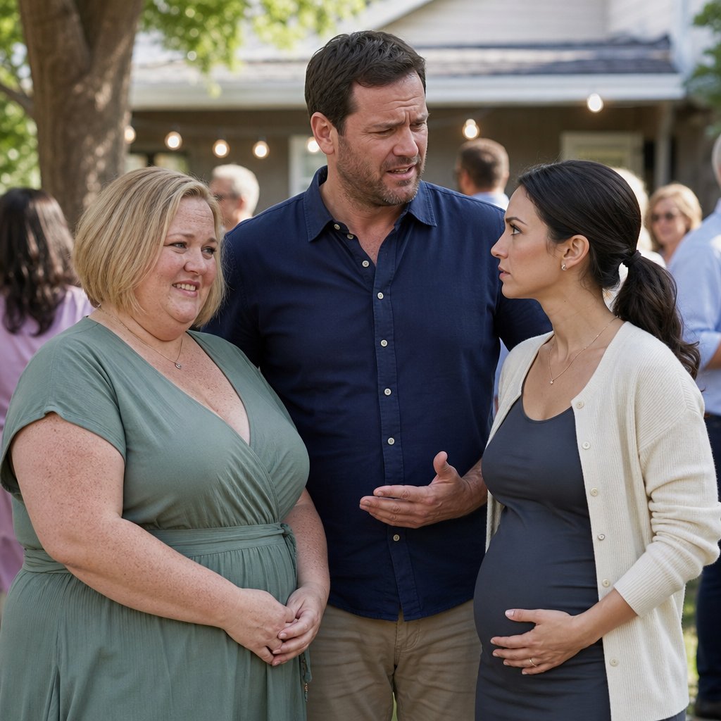A dark-haired man tensely introduces a freckled blonde woman to a slim dark-haired woman who holds her stomach, all in a backyard gathering.