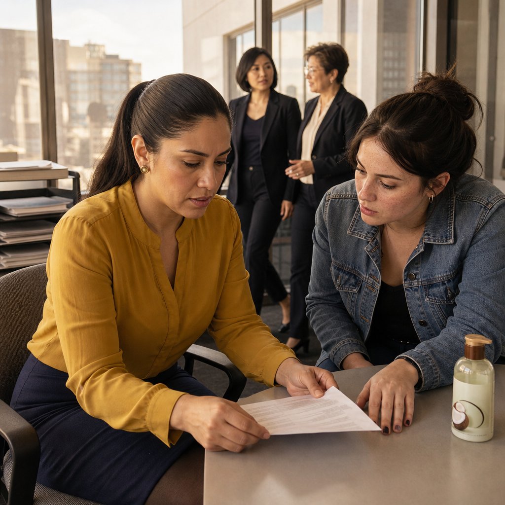 A nervous junior designer slides Mara a leaked Facilities request while Lena walks by with HR in the background.