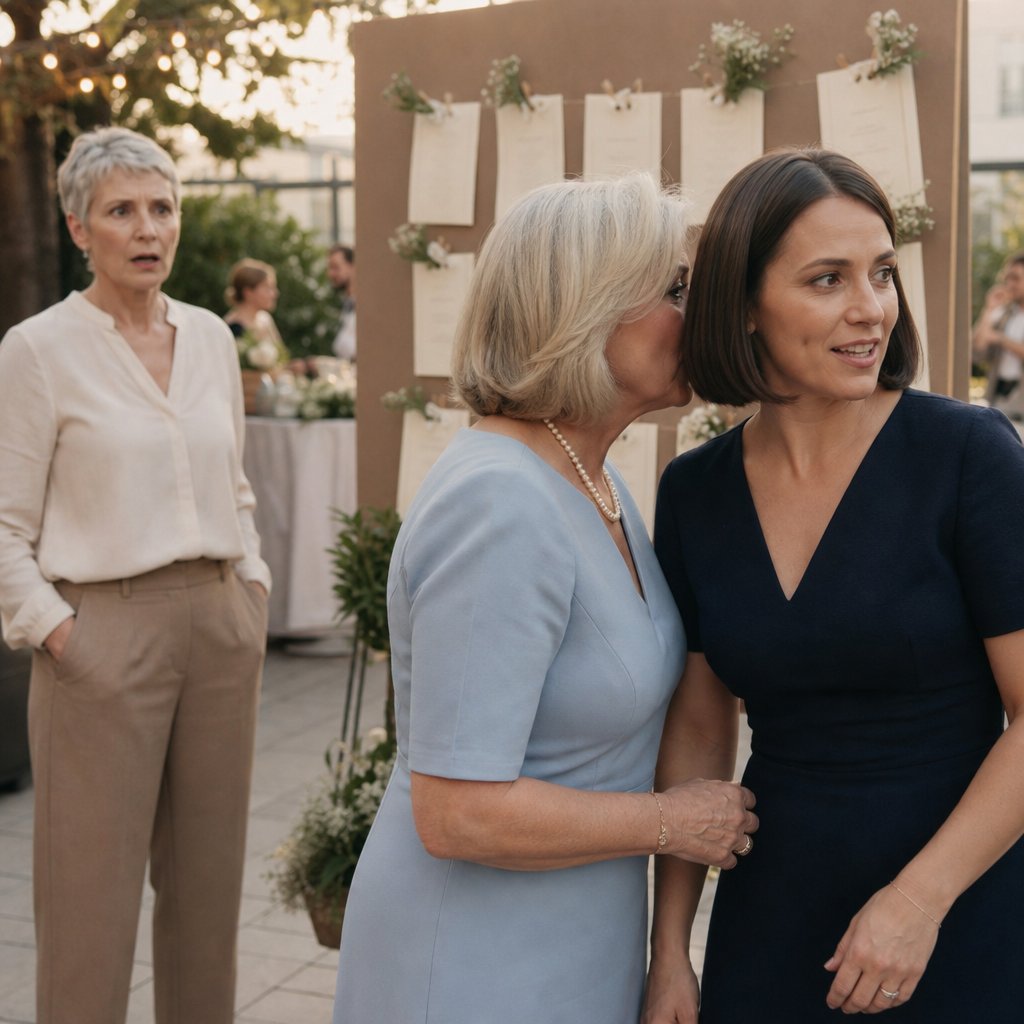 The bride-to-be catches her mother whispering with a young brunette woman near the seating chart.