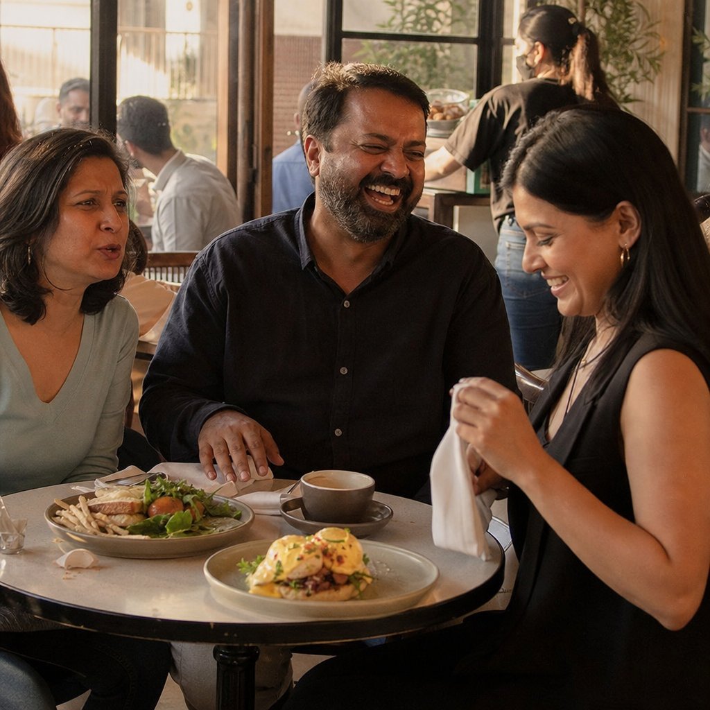 At a brunch table, a bearded South Asian man laughs loudly while a glossy-haired woman smiles and another woman sits rigid, hurt.