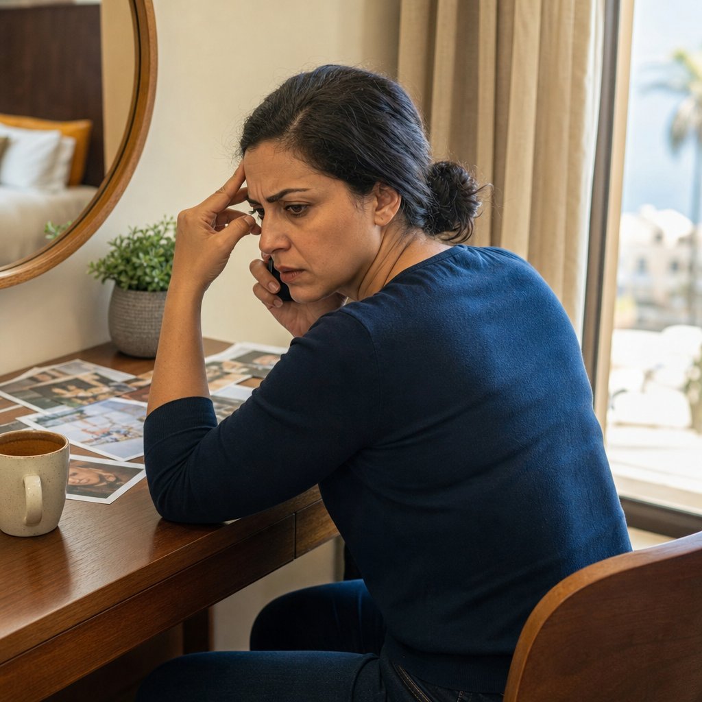 Maren studies scattered photos while on a call, her face hardening as she hears something off.