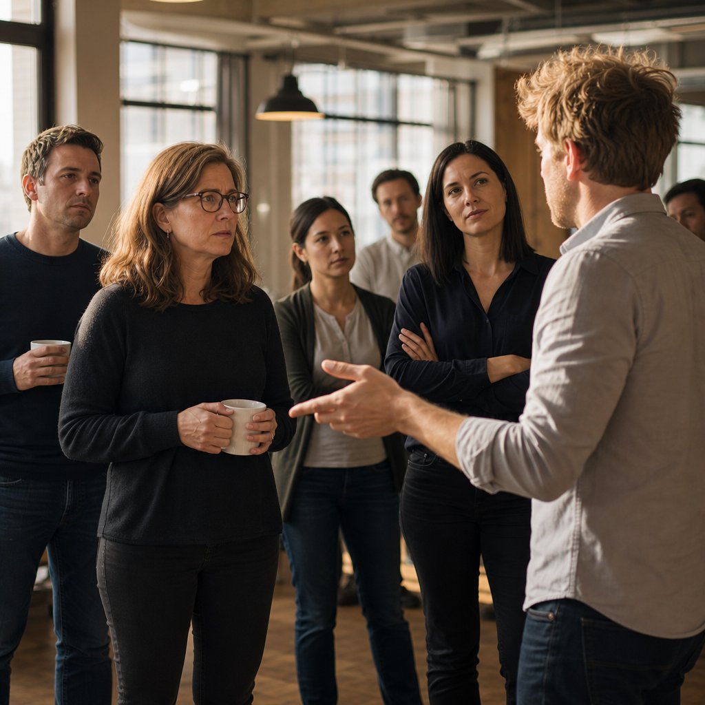 During a tense standup, a manager gestures while a woman in glasses looks publicly blamed and another woman watches calmly.