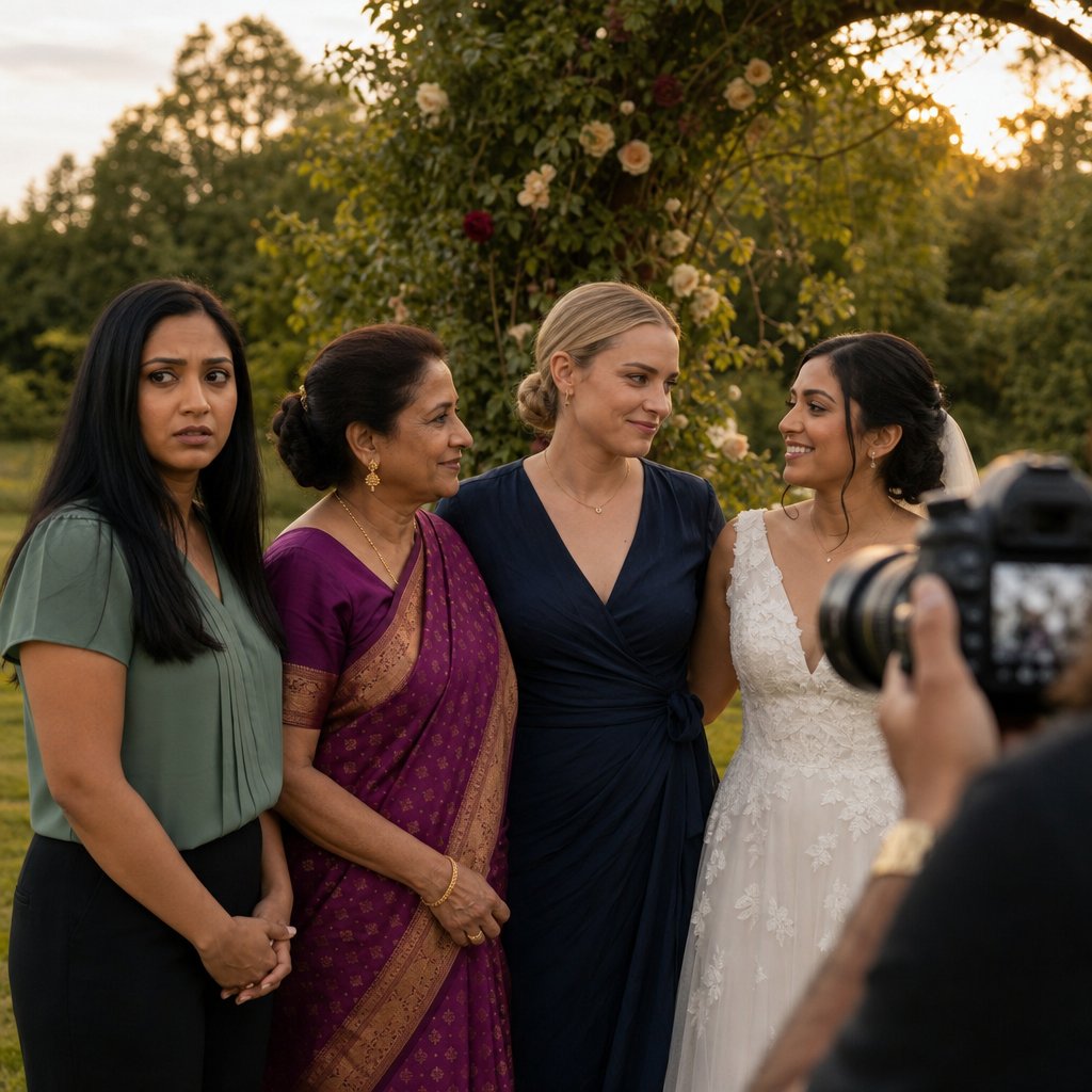 During outdoor family photos, a blonde woman edges beside the mother while the narrator watches tensely.