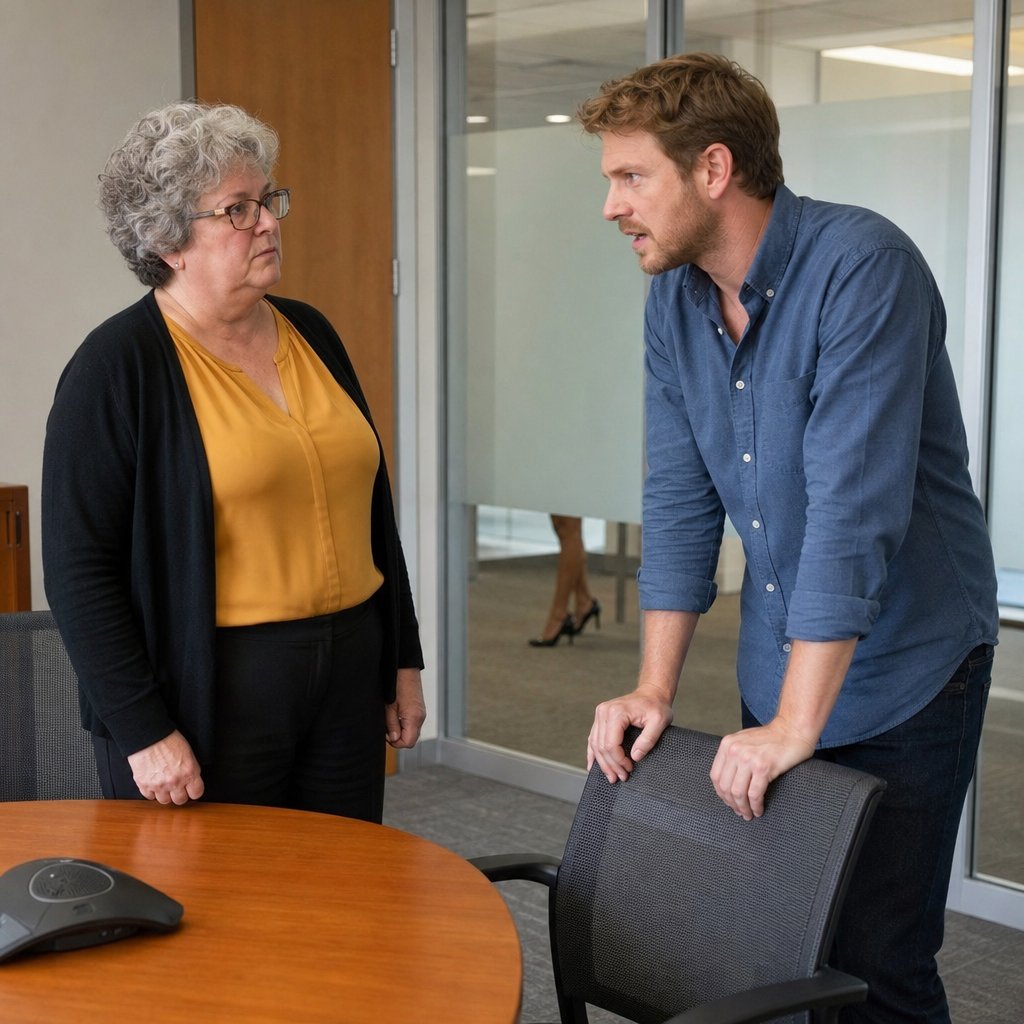 A gray-haired woman confronts a tense man in a conference room as someone in heels pauses outside.