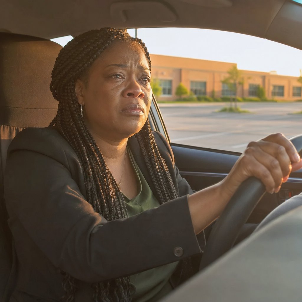 A woman with long box braids sits in her car gripping the steering wheel, her face tight with anger and worry.