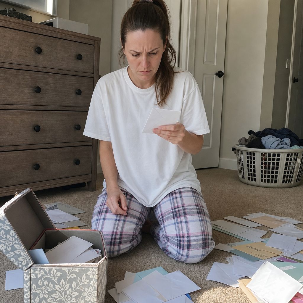 Lena kneels on her bedroom floor beside an open card box, envelopes scattered as she realizes some are missing.