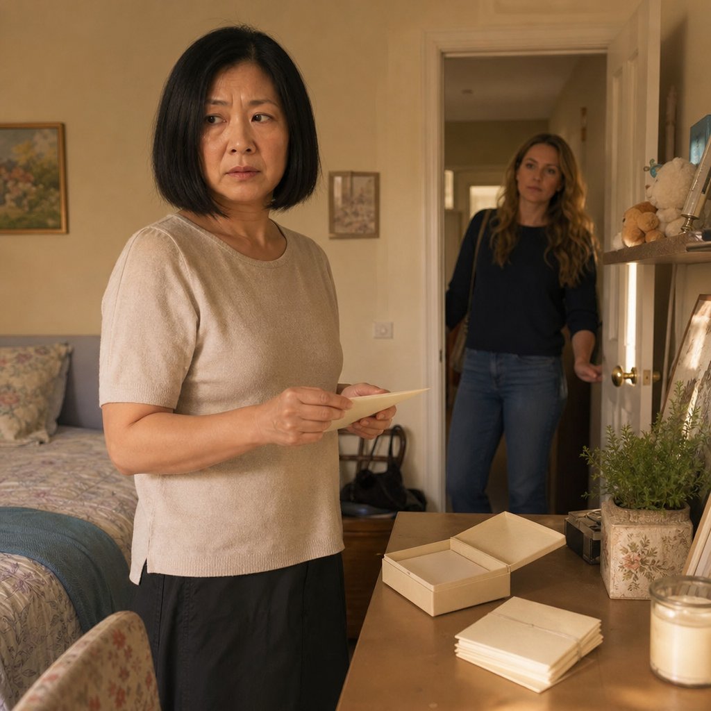 A woman holds an envelope in her houseguest’s room as the houseguest appears in the doorway.