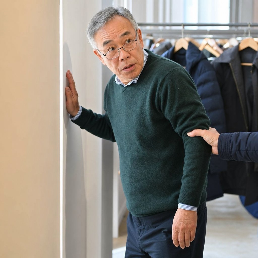 In a coat-check hallway, an older man looks shaken as someone’s hand grips his elbow.
