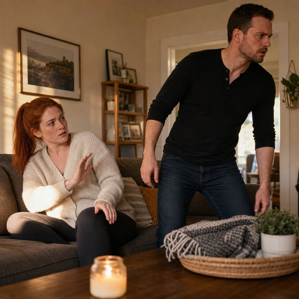 A woman recoils slightly on a couch as a man stands up abruptly during a tense talk.