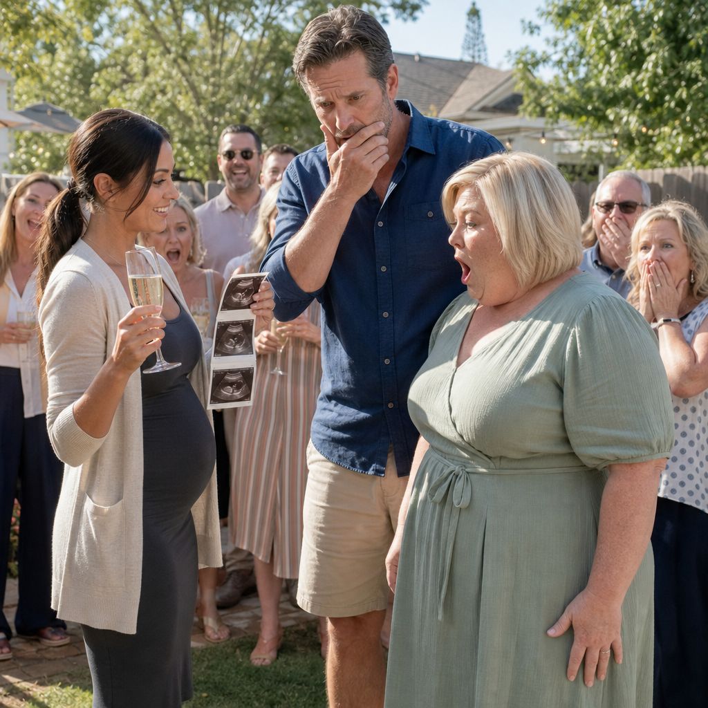 A slim dark-haired woman raises a glass and holds up an ultrasound as a dark-haired man and a freckled blonde woman stand stunned among shocked guests.