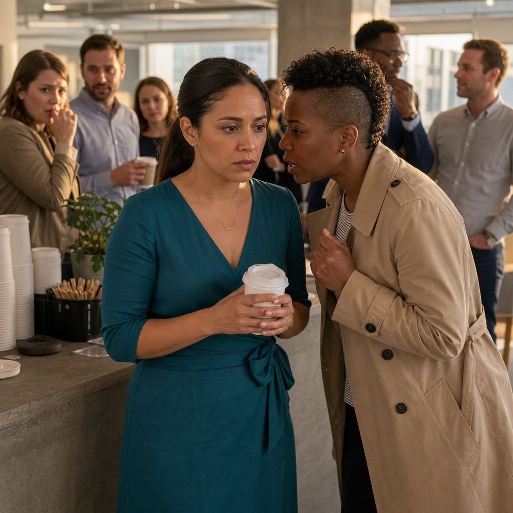 At the coffee bar, Simone whispers to Mara as coworkers watch, and Mara grips her cup too tightly.