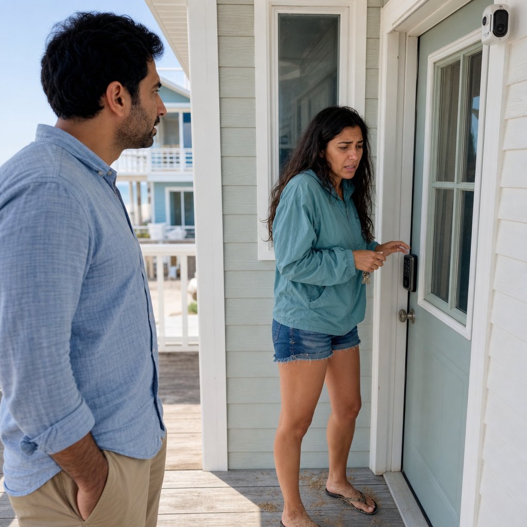 Claire stands at the beach house door, locked out at the keypad while a doorbell camera watches.