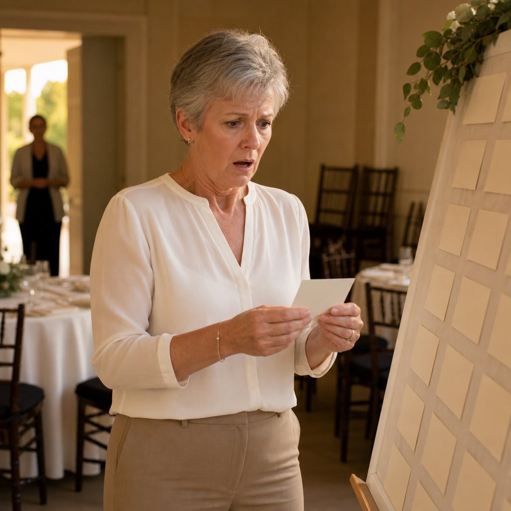 The bride-to-be holds a suspicious place card while someone watches from a doorway.