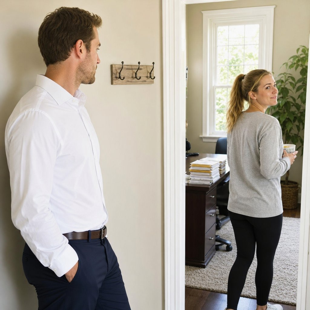 Tessa walks away down the hall as a stack of mail sits on Miles’s desk and the man watches tensely.