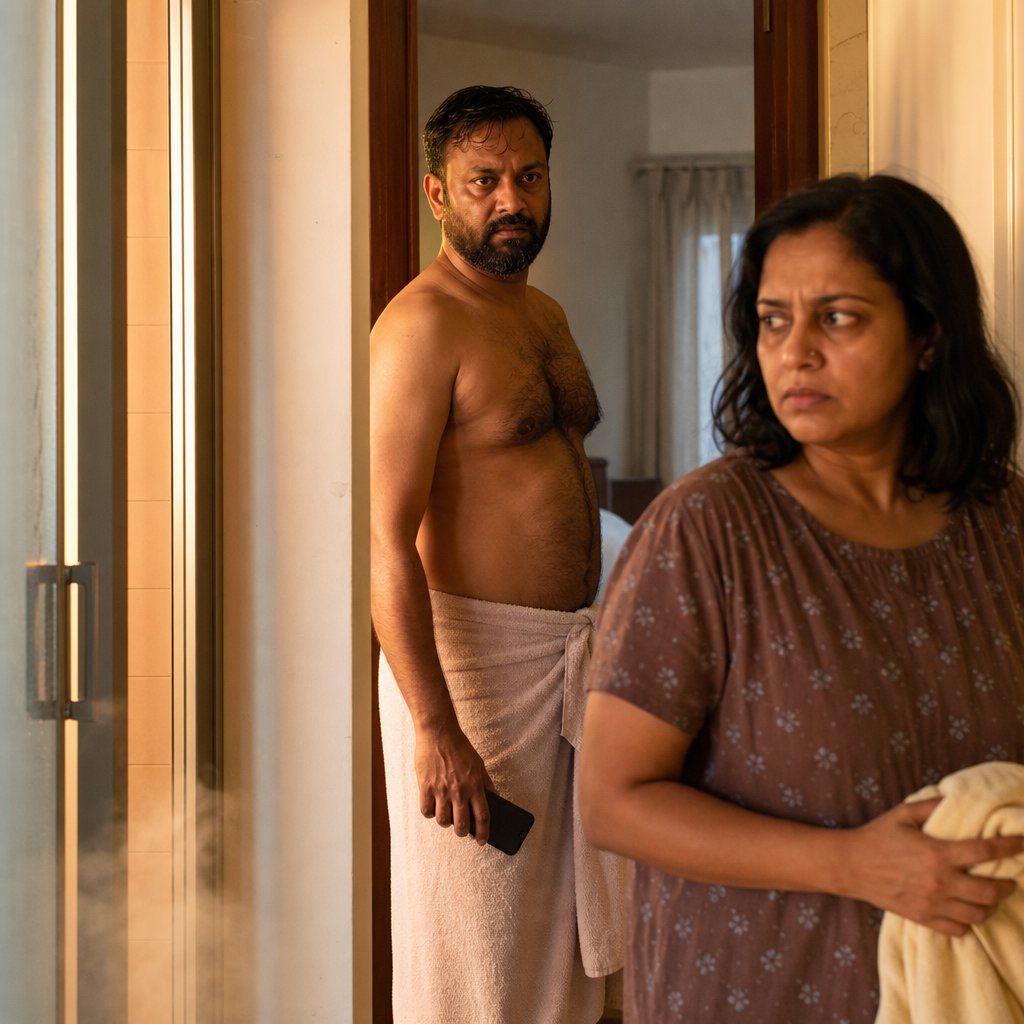 In a hallway, a damp-haired bearded South Asian man holds a phone face-down while a woman clutching a towel watches him, tense.