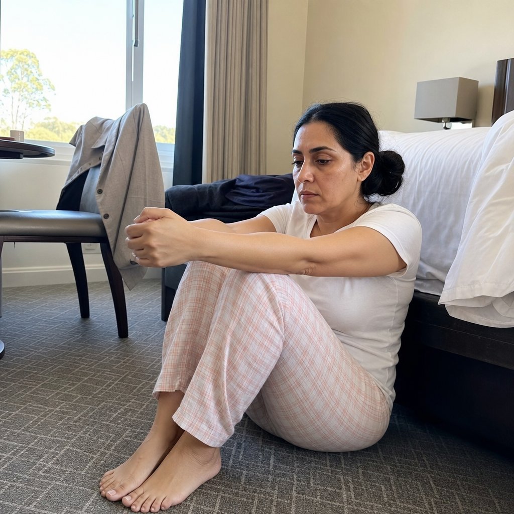 Maren sits on the hotel floor, tense and determined, weighing a move that will expose what she knows.