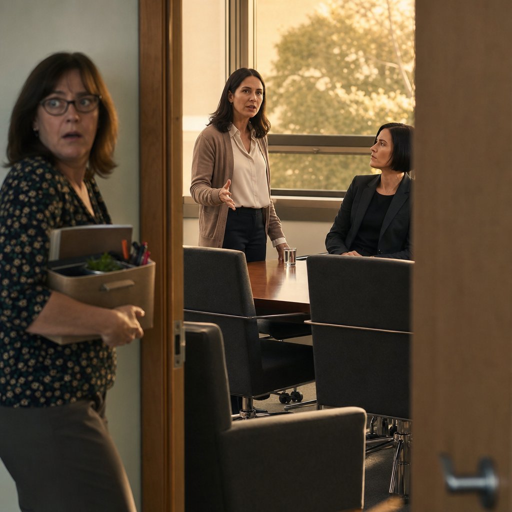 Through a cracked door, Lila stands giving directions while the Chief of Staff listens and a woman in glasses reacts in the hallway.