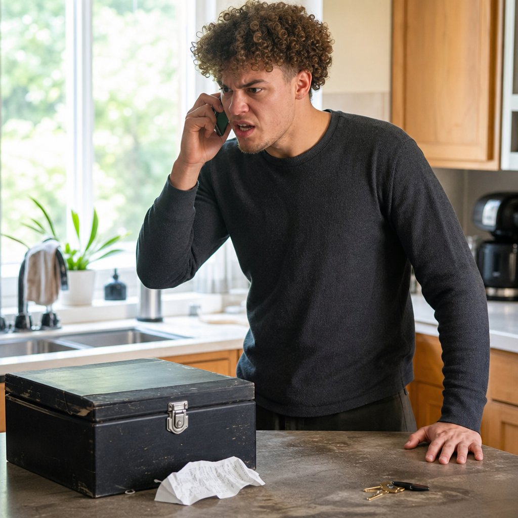 Mara takes a call in his kitchen beside a locked file box and receipt, realizing Evan’s family knows more.