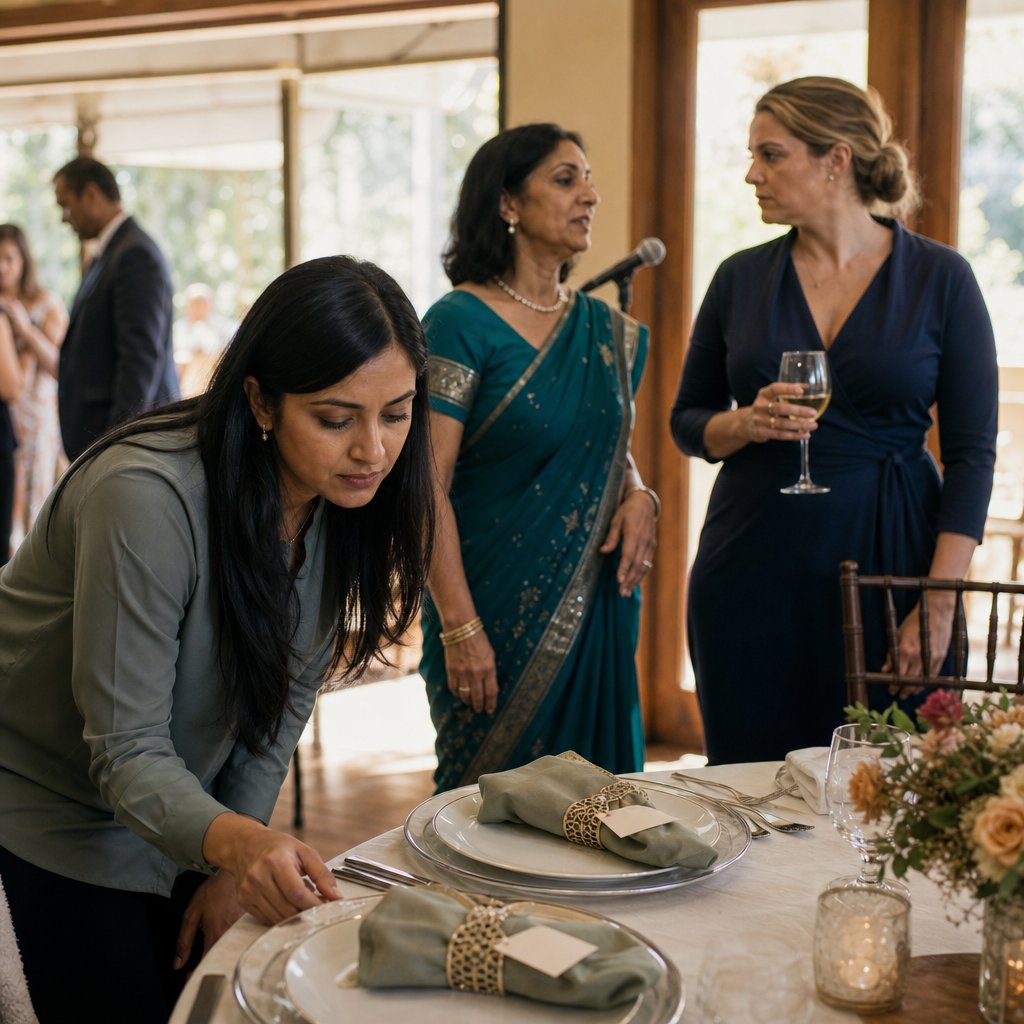A woman notices duplicated place settings while her mother stands near a microphone and a blonde guest watches.