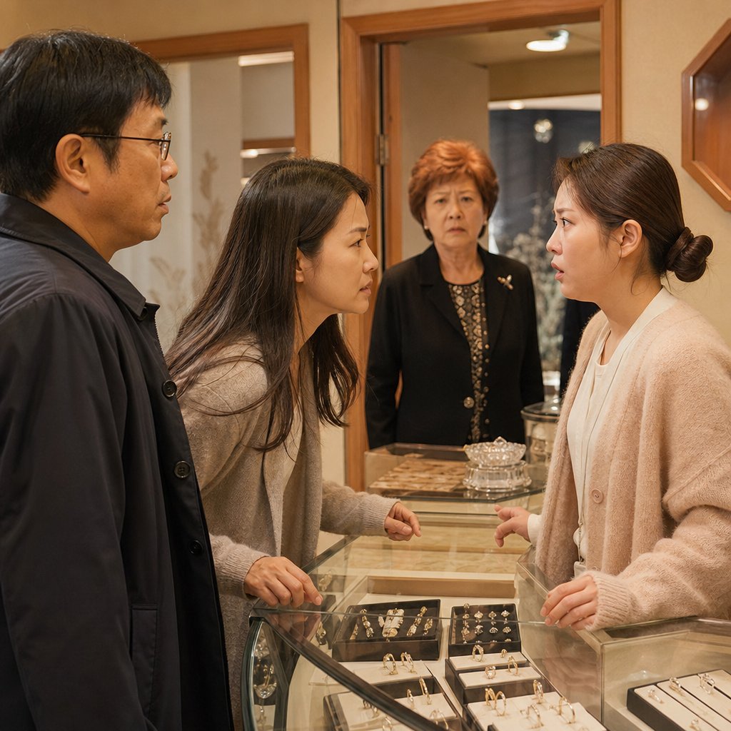 Mara questions a nervous jewelry clerk as a stern manager approaches from the back.