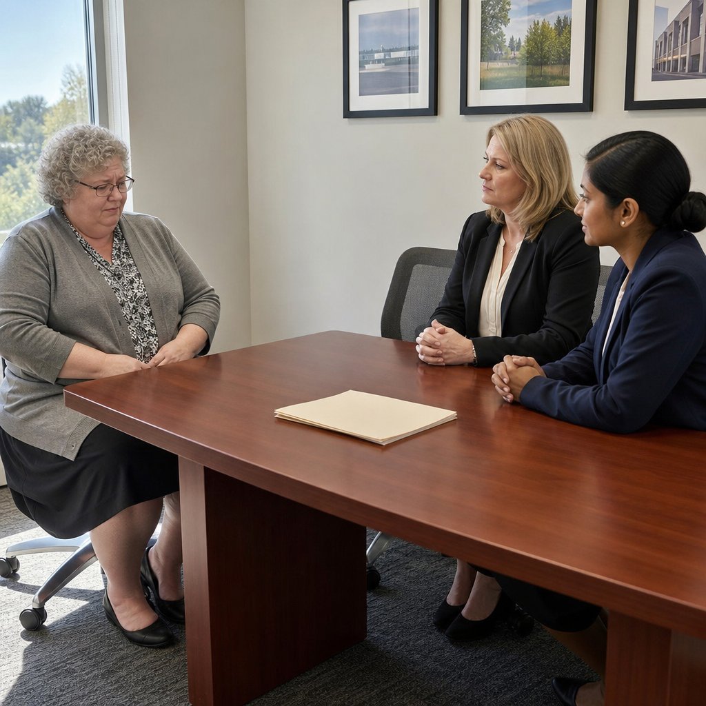 A gray-haired woman sits alone at a table facing HR and Compliance with a thick folder between them.
