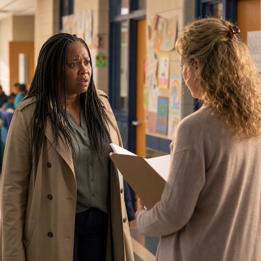 A mother with long box braids looks stunned as a teacher shows her something from a folder in a school hallway.
