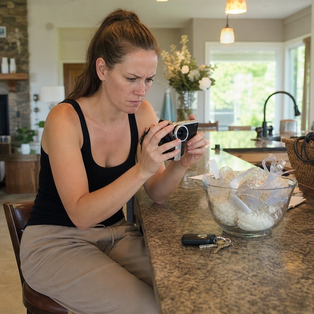 Lena sits at her kitchen island holding a camcorder, looking alarmed as if she’s discovered a missing section.