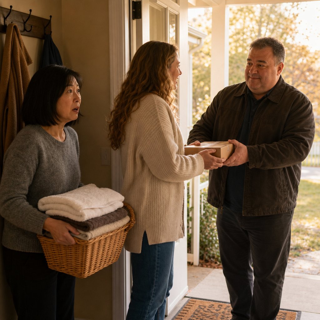 A houseguest stands in the doorway holding a package while the homeowner watches from behind with laundry.